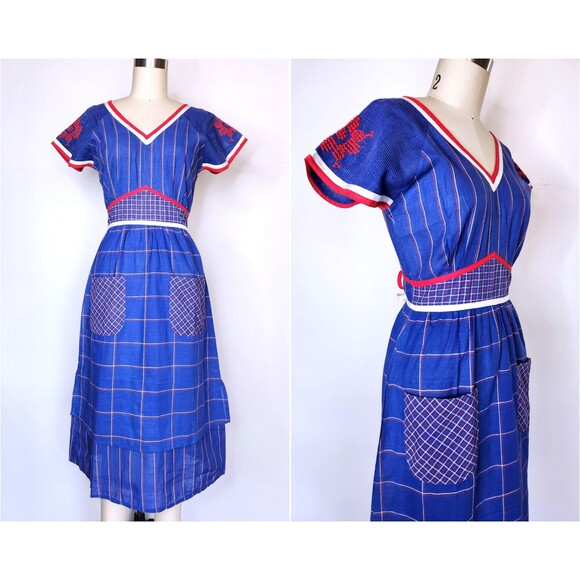 Embroidered Apron Dress with Pockets Colorful Cotton Dress 70s does 30s 40s XS - Picture 2 of 10